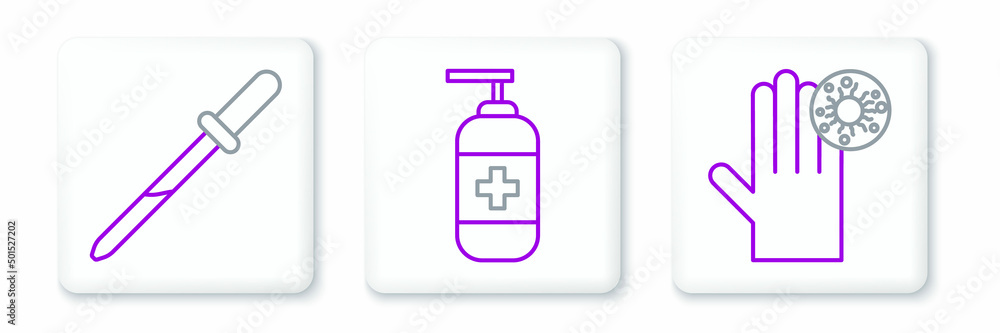 Set line Hand with virus, Pipette and Bottle of liquid antibacterial soap icon. Vector Set line Hand with virus, Pipette and Bottle of liquid antibacterial soap icon. Vector