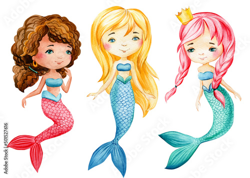 Little mermaid character cartoon, isolated white background. Watercolor illustration