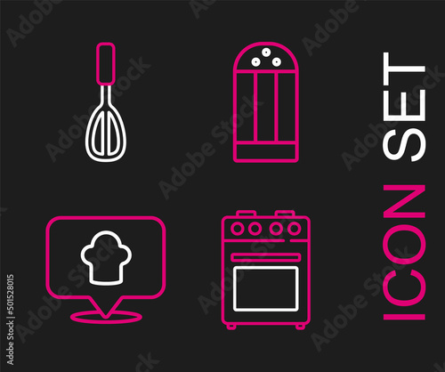 Set line Oven  Chef hat with location  Salt and Kitchen whisk icon. Vector