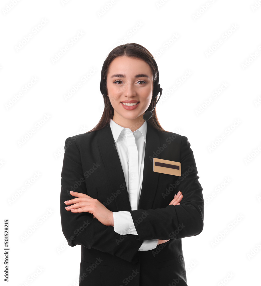 Portrait of receptionist with headset on white background Portrait of receptionist with headset on white background