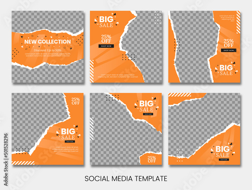 Vector set of ripped torn paper style social media template with orange color and abstract shape misc. Feed fashion sale template.