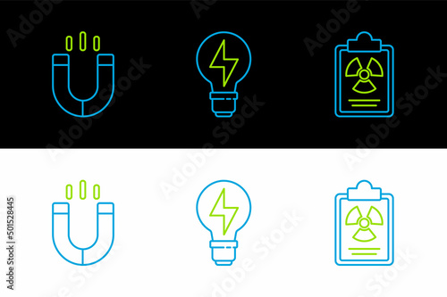 Set line Radiation warning document, Magnet and Light bulb with lightning icon. Vector