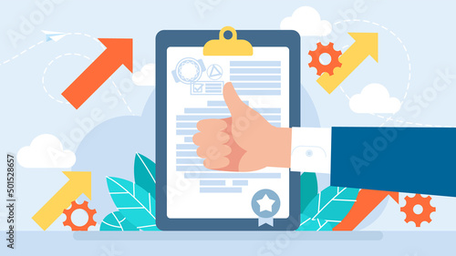 Thumb Up. Finger up. A man raised his finger up as a sign of agreement on the background of the documents of the agreement. Hand Thumb Up. Flat Style. Concept of consent. Business illustration. Vector