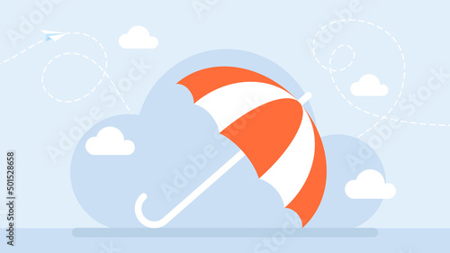 Open umbrella as a symbol of protection from danger. White red umbrella. Flat design. Property insurance. Protection from threats. Insurance and Assurance. Broker agent. Vector business illustration