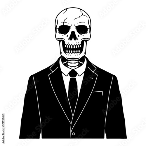 SKELETON DRESSED IN A TUXEDO BLACK WHITE BACKGROUND