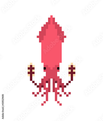Squid pixel art isolated. 8 bit calamary icon. pixelated illustration