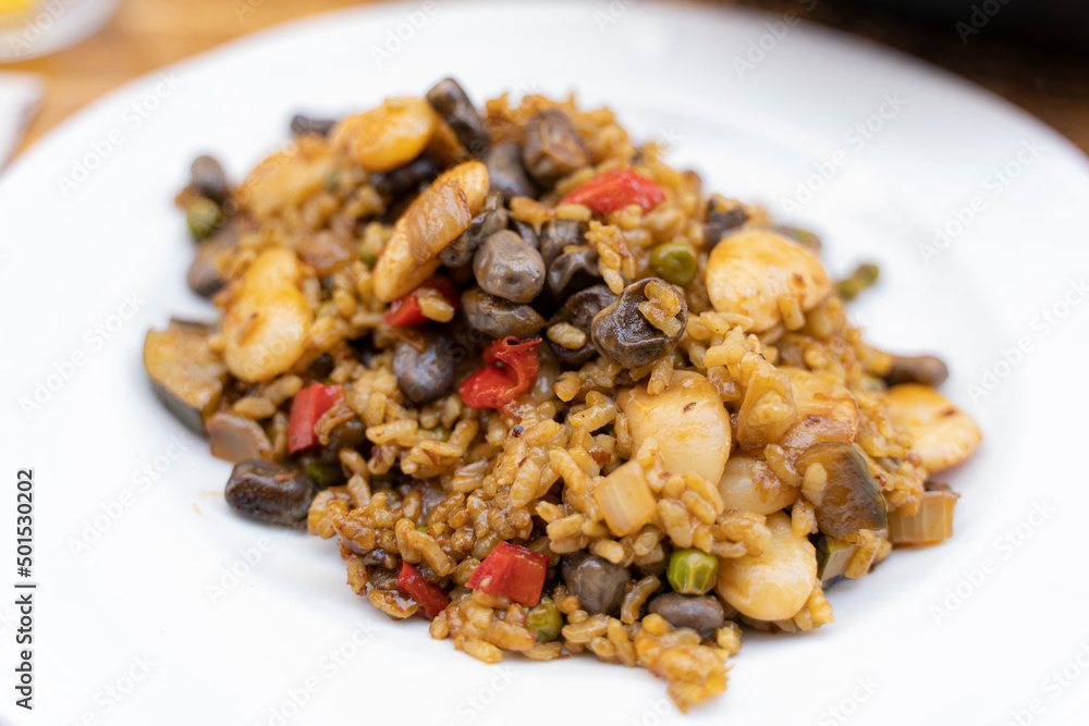 Gastronomía, paella, arroz, verduras, arroz con verduras, plato de arroz