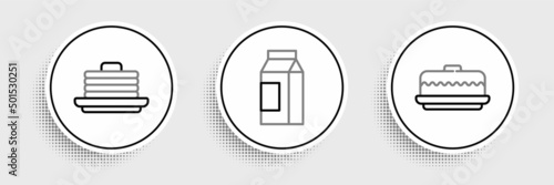 Set line Cake, Stack of pancakes and Paper package for milk icon. Vector