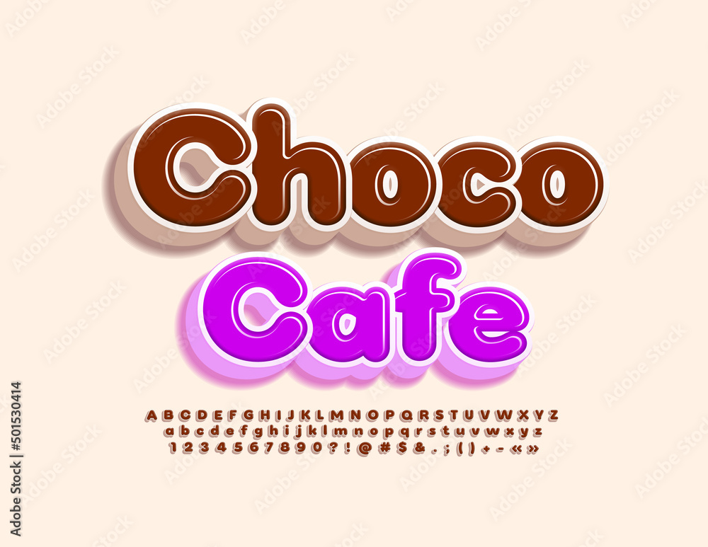 Obraz premium Vector bright Sign Choco Cafe. Stylish 3D Font. Creative Alphabet Letters, Numbers and Symbols set
