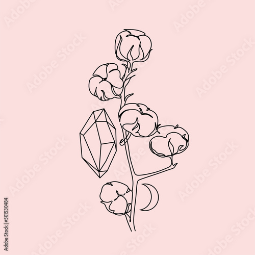 vector line drawing of crystals with flowers. isolated on white background simple drawing of crystal, mineral. Botanical mineral cosmetics logo