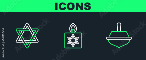 Set line Hanukkah dreidel, Star of David and Burning candle icon. Vector