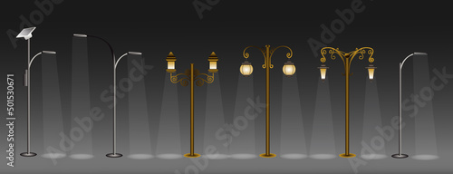 Various types of street light night lantern. street lights glowing in darkness yellow warm and cold white light.
