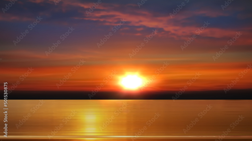 gold sunset at sea pink reflection on sea water wave dramatic cloudy sky sun on horizon ,seascape nature landscape 