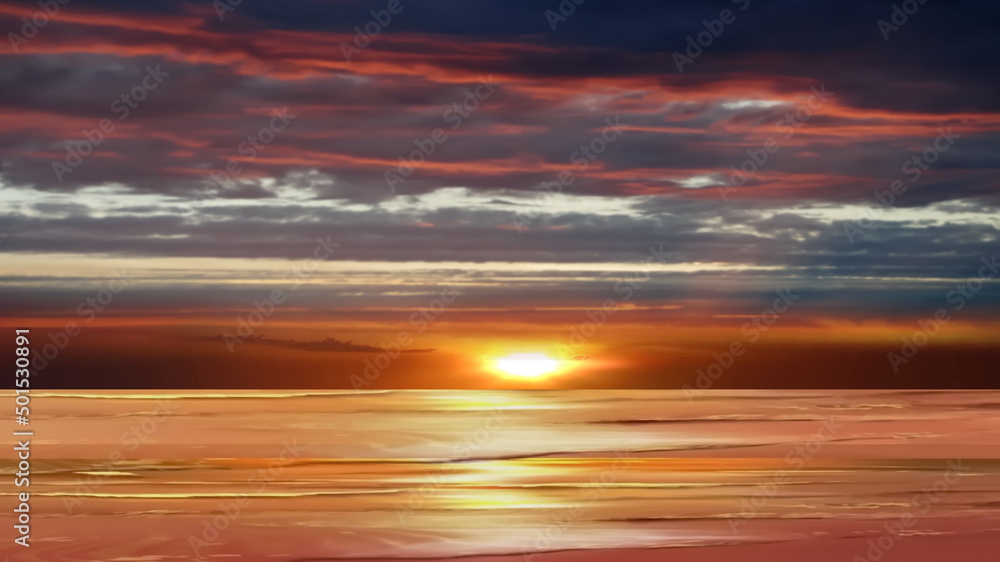 Obraz premium sunset dramatic clouds on sky pink orange yellow blue reflection on sea water natire landscape 