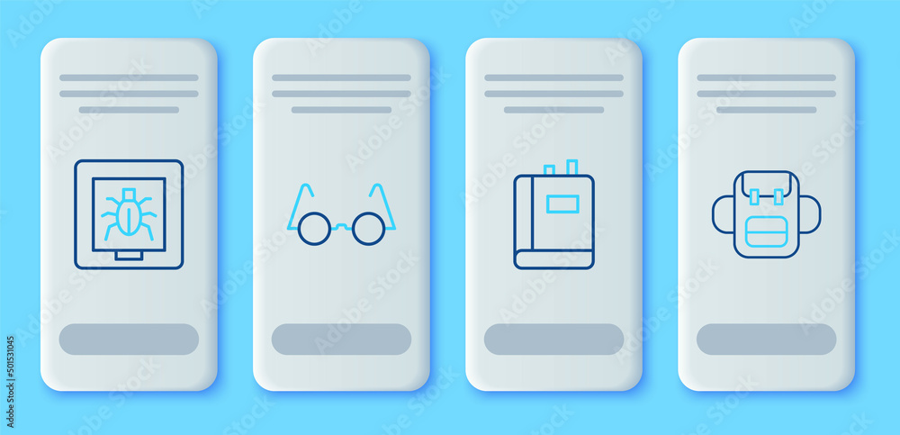 Set line Eyeglasses, Book, Insects in frame and School backpack icon. Vector Set line Eyeglasses, Book, Insects in frame and School backpack icon. Vector