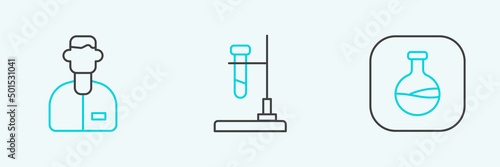 Set line Test tube and flask, Laboratory assistant and on fire icon. Vector