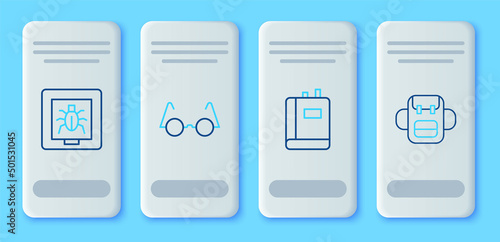 Set line Eyeglasses, Book, Insects in frame and School backpack icon. Vector