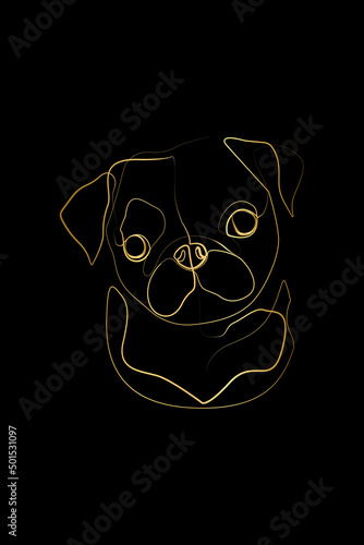 Pug Dog Art Poster Print Gift by WithOneLine, Cute Dog Print, One Gold Line Drawing Black Background