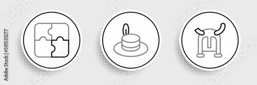 Set line Viking in horned helmet, Piece of puzzle and Man hat icon. Vector