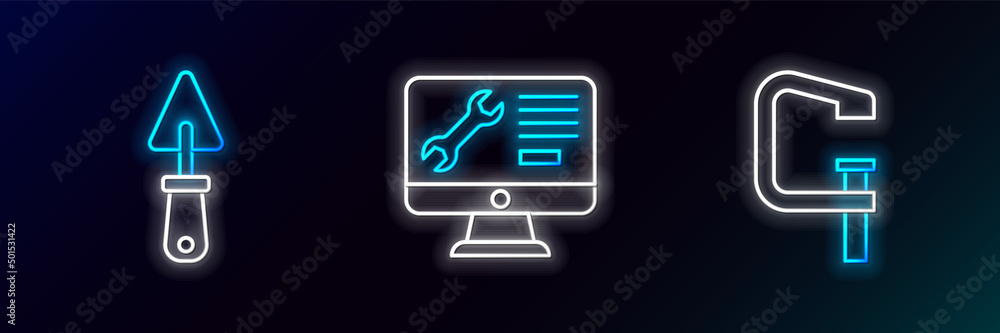 Set line Clamp and screw tool, Trowel and Computer monitor service icon. Glowing neon. Vector Set line Clamp and screw tool, Trowel and Computer monitor service icon. Glowing neon. Vector