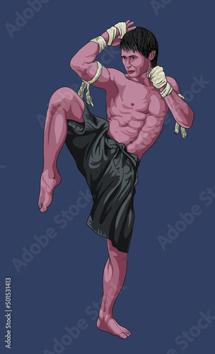 Drawing thai boxing martial art, strong, art.illustration, vector