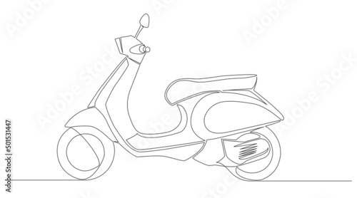 single line drawing of classic motor scooter isolated on white background, line art vector illustration
