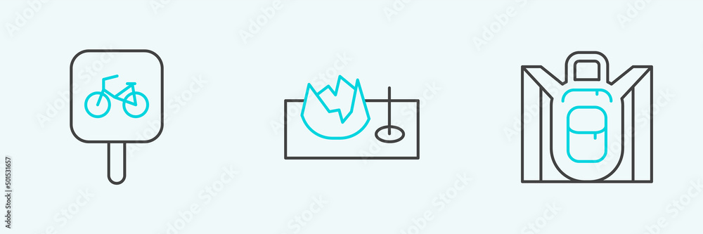Set line Hiking backpack, Bicycle parking and on street ramp icon. Vector Set line Hiking backpack, Bicycle parking and on street ramp icon. Vector
