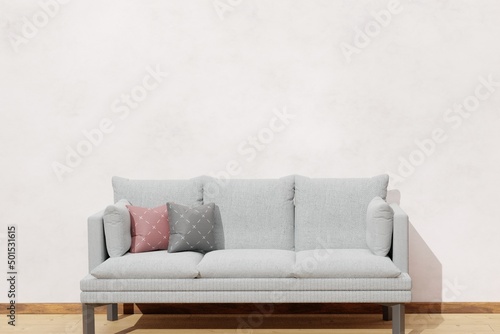 Illustration of living room interior with comfortable sofa and blank wall, mock up, presentation or picture background, 3D background rendering