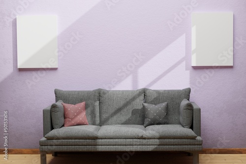 Illustration of living room interior exposed to sunlight with comfortable sofa and canvas  mock up  presentation or picture background  3D background rendering