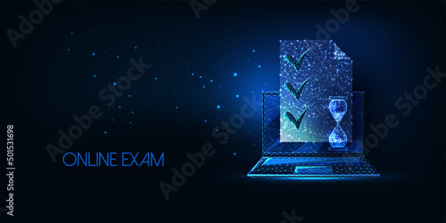 Futuristic online exam, testing concept with glowing computer, document with ticks and hourglass 