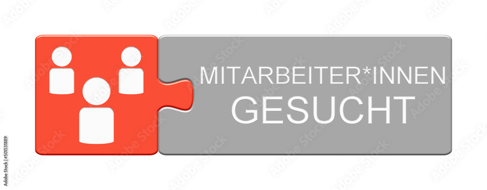 Puzzle Button in rot und grau zeigt Mitarbeiter*innen gesucht Puzzle Button in rot und grau zeigt Mitarbeiter*innen gesucht