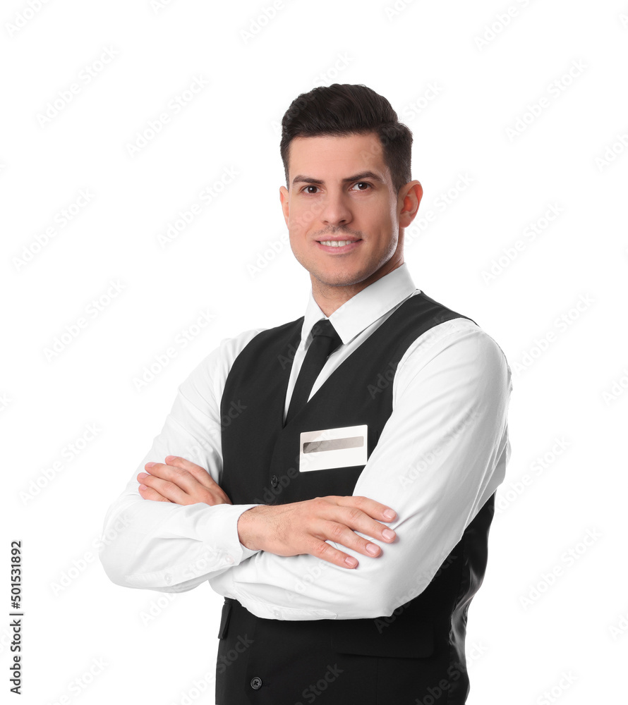 Portrait of happy receptionist in uniform on white background Portrait of happy receptionist in uniform on white background