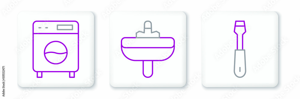 Set line Screwdriver, Washer and Washbasin icon. Vector Set line Screwdriver, Washer and Washbasin icon. Vector