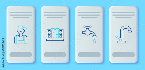 Set line Test tube with water drop, Water tap, Plumber and icon. Vector