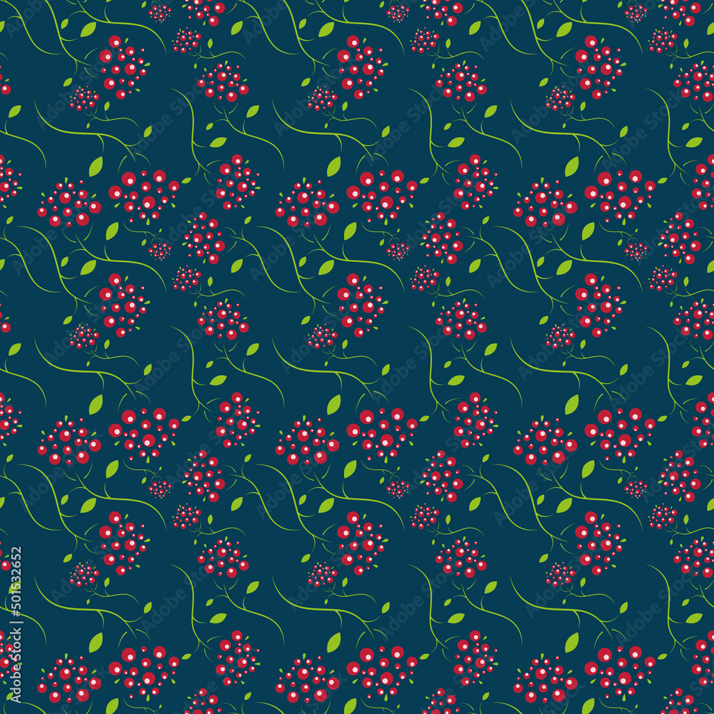 Viburnum red or currant in a seamless pattern on a blue-green background Viburnum red or currant in a seamless pattern on a blue-green background
