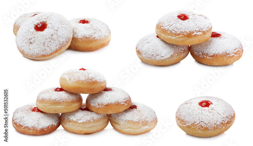 Delicious donuts with jelly and powdered sugar on white background, collage