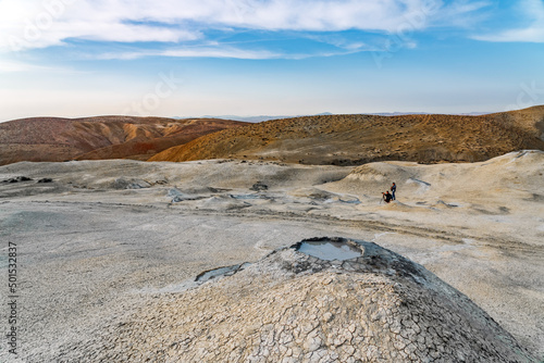 Mud volcano in mountains. Amazing natural phenomenon