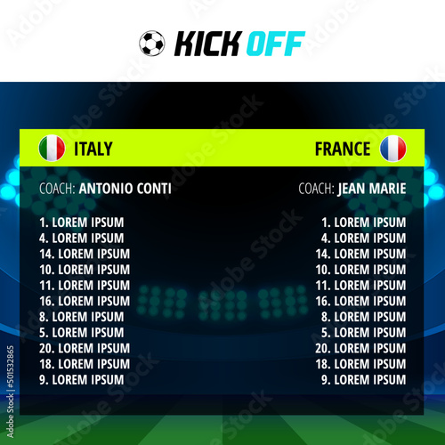 Graphic Layout for Football game inspired by soccer video games. Fixtures Instagram post for World and European Tournament. Vector artwork for soccer fans.
