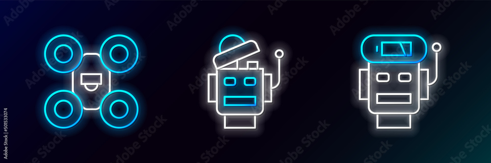 Set line Robot low battery charge, Drone and icon. Glowing neon. Vector Set line Robot low battery charge, Drone and icon. Glowing neon. Vector