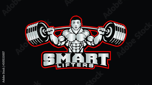 body builder sports mascot weight lifting a barbell
