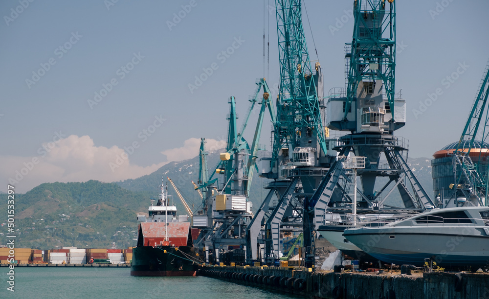 Ship terminal, Unloading and quay crane of ship at industrial port with shipping container vessel, Maritime cargo freight ship import export business logistic transportation.