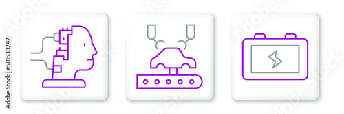 Set line Battery, Robot for maintenance and Robotic robot arm on factory icon. Vector