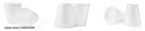 Set with styrofoam cups on white background. Banner design