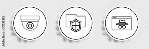 Set line Browser incognito window, Security camera and Document folder protection icon. Vector