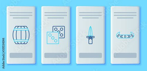 Set line Game dice, Dagger, Gun powder barrel and Kayak or canoe and paddle icon. Vector