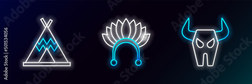 Set line Buffalo skull, Indian teepee or wigwam and headdress with feathers icon. Glowing neon. Vector