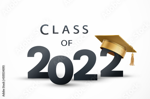 Graduate college, high school or university cap with Class of 2022 on white background. Vector gold 3d degree ceremony hat. Student congratulation ceremony banner