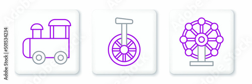 Set line Ferris wheel, Toy train and Unicycle or one bicycle icon. Vector