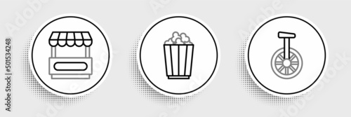 Set line Unicycle or one wheel bicycle, Fast street food cart and Popcorn in box icon. Vector