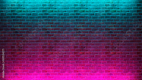 Fototapeta Naklejka Na Ścianę i Meble -  Modern futuristic neon lights on old grunge brick wall room background. 3d rendering